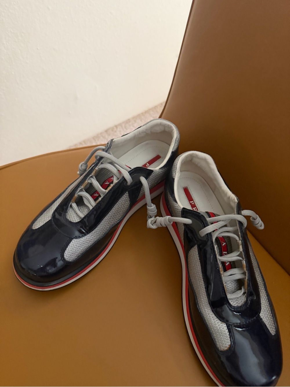 Prada Navy Leather Sneakers with Red Logo Stripe great condition size 6 1/2 USA